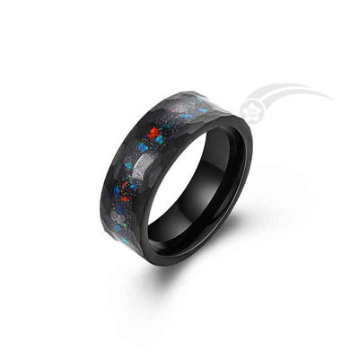 8 MM Opal And Meteorite Ring Anello Nuziale Martellato Tungsteno