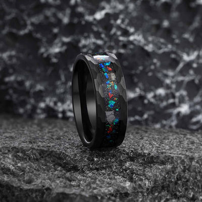 8 MM Opal And Meteorite Ring Anello Nuziale Martellato Tungsteno