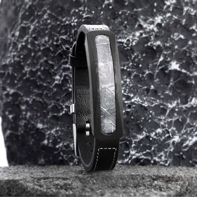 Lunghezza 22cm Pulsera in cuoio in acciaio inossidabile Pulsera in pietra di meteoriti