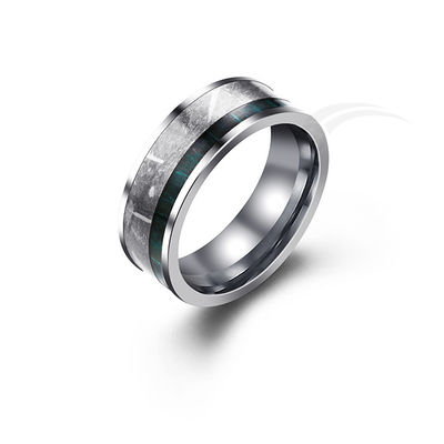 Confortevole anello di tungsteno e meteoriti con scatola verde in legno anziano design elegante